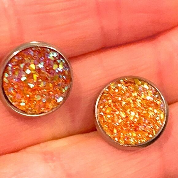 Men’s Crushed Orange Crystal Studs, Iced Out Hip Hop Round Faux Druzy Earrings - Picture 7 of 11